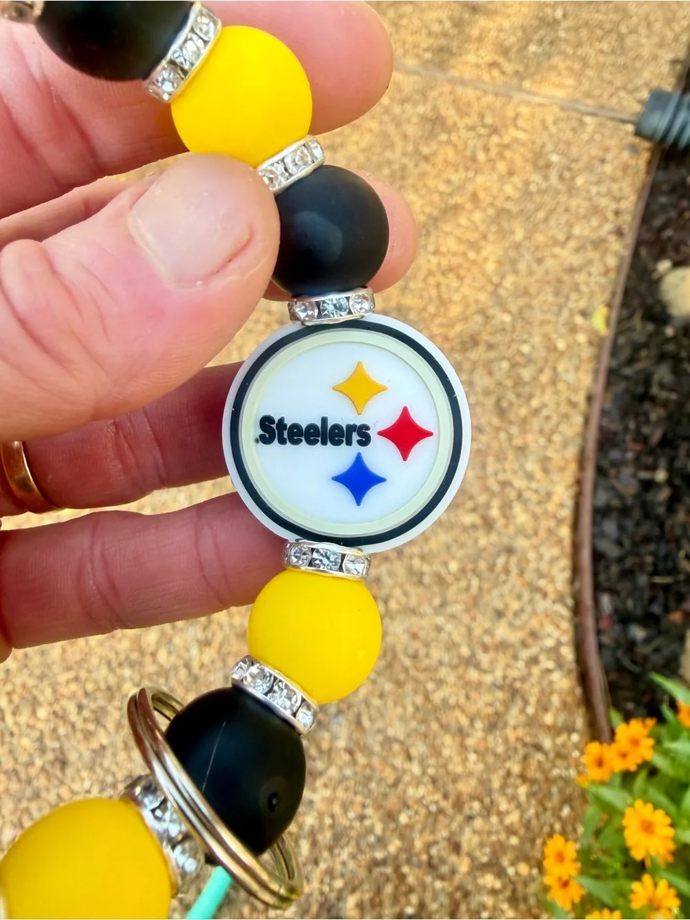 Steelers Inspired Black Gold Silicone Beaded Wristlet Keychain Football